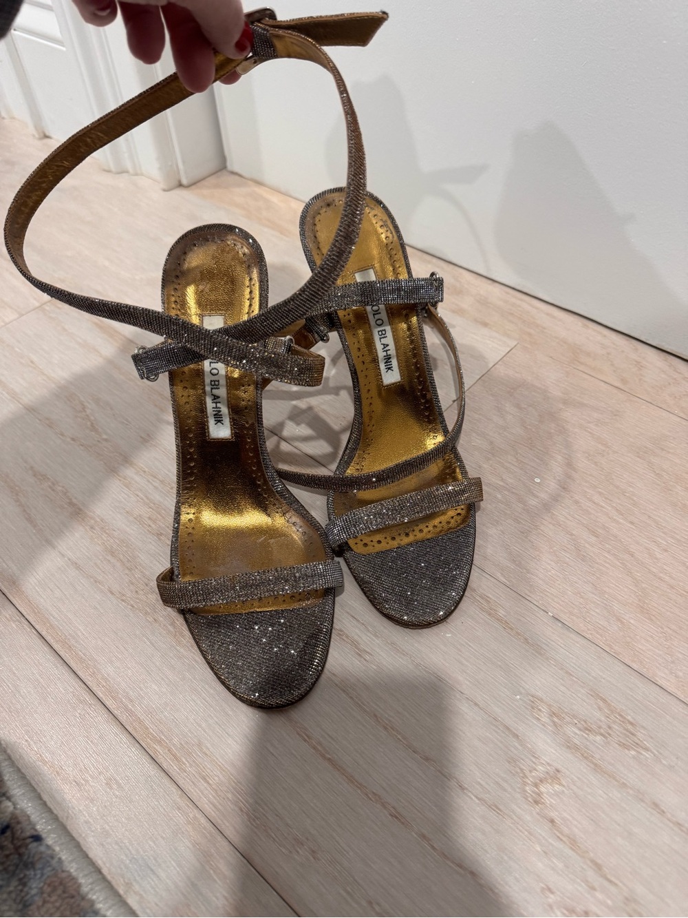 Manolo Blahnik Sparkling Gold Strappy High-Heel Sandals - Picture 2 of 7